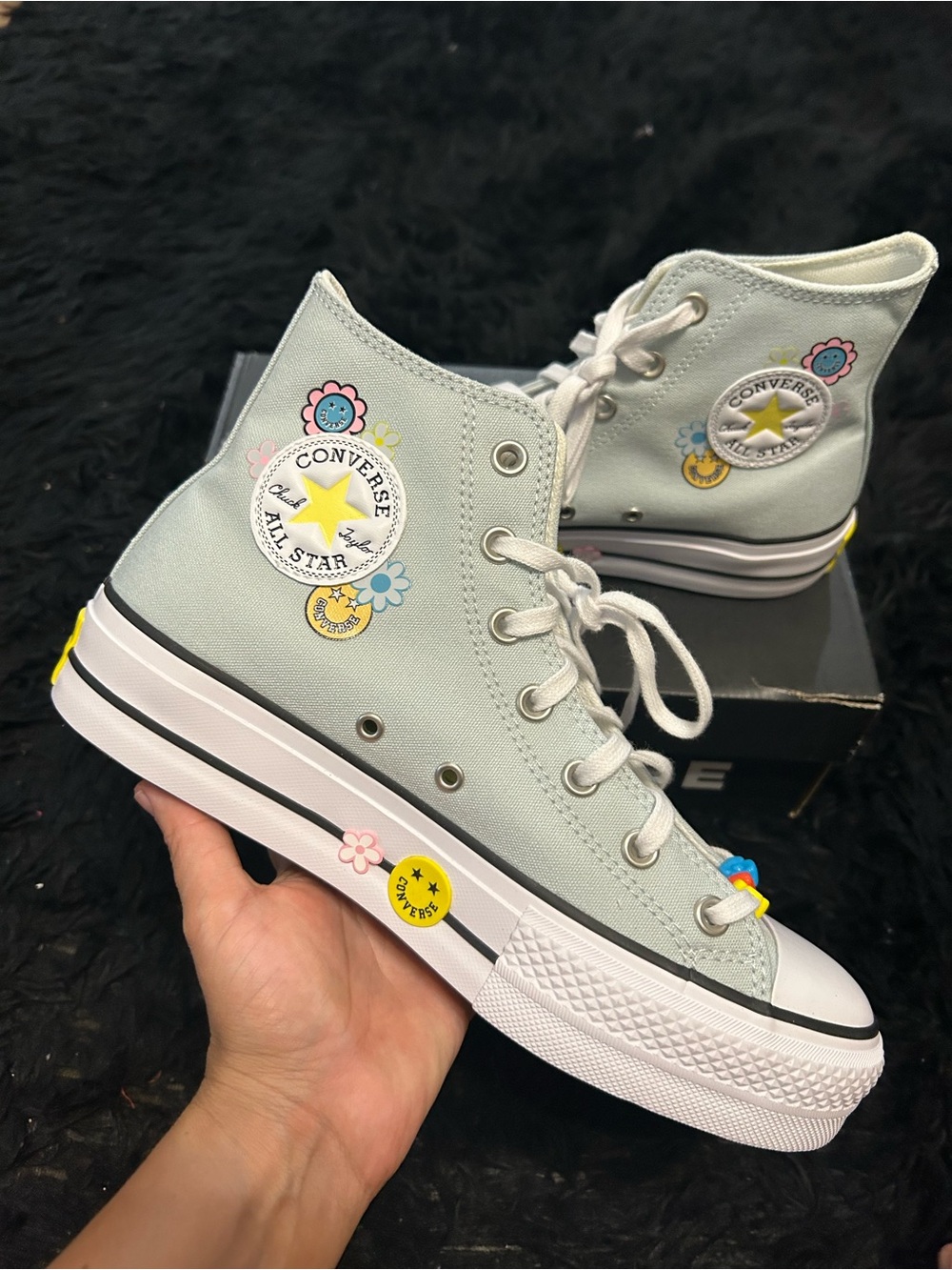CONVERSE Ctas Lift Hi top blue smiley faces floral print platform shoes sz 9 new